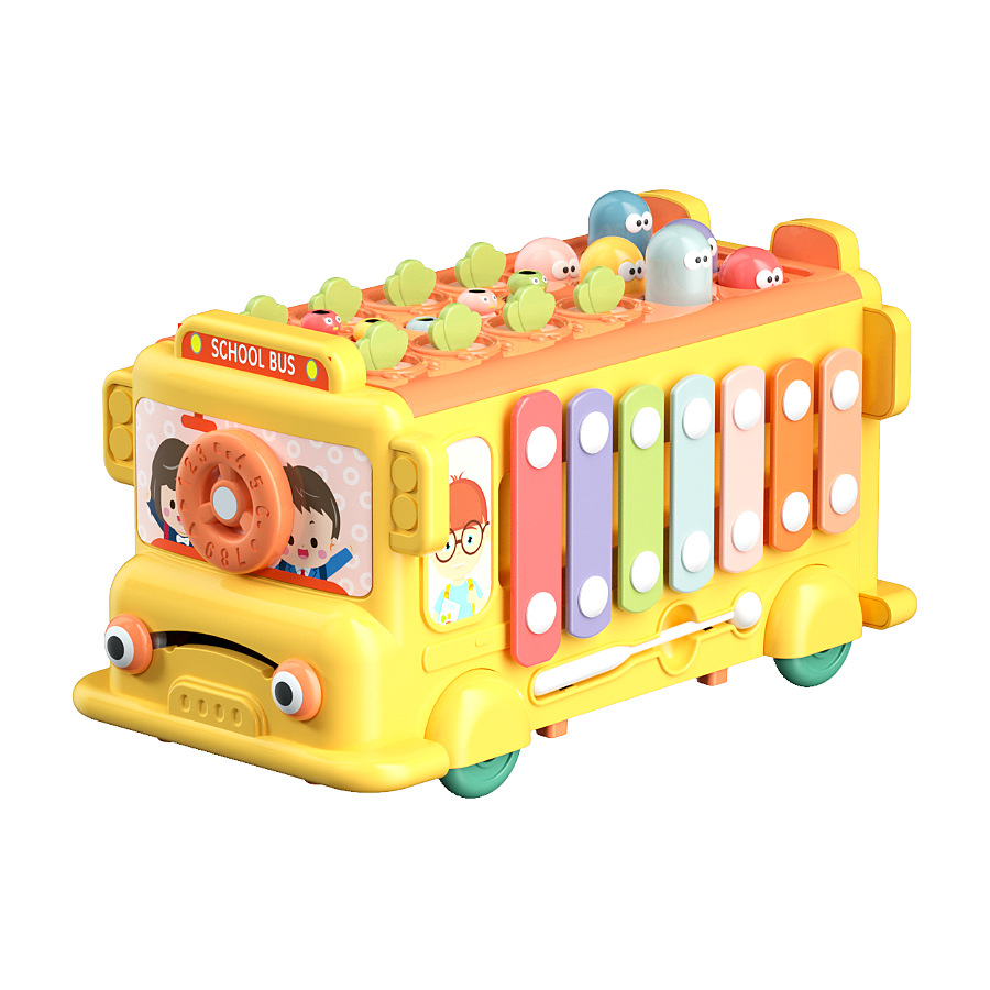 Multifunctional Baby Bus Driver Plays Piano, Whack-A-Mole, Pulls Out Radishes and Catches Insects, Educational Hexahedral Baby Enlightenment Toy