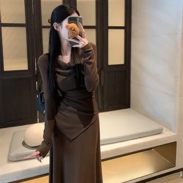 Комплект из топа с длинными рукавами и юбки с высокой талией для женщин, осень/зима, асимметричный крой