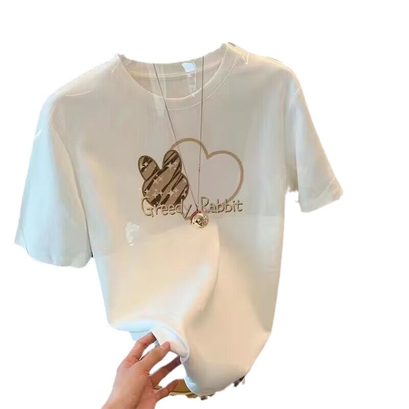 2025 New Style T-Shirt Women's Short-Sleeved Round Neck Korean Style Loose Large Size Versatile Ins Trendy Summer Women's White Half-Sleeved Top