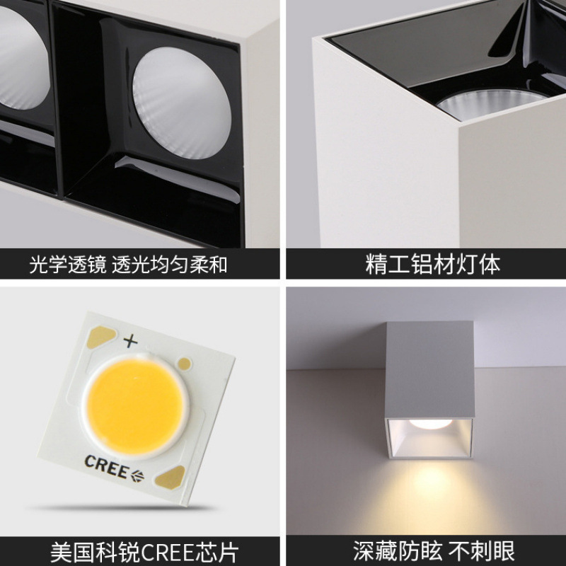 All-Aluminum Anti-Glare Led Square Surface-Mounted Spotlight for Living Room Without Main Light, Nordic Single-Head and Double-Head Ceiling-Mounted Downlight