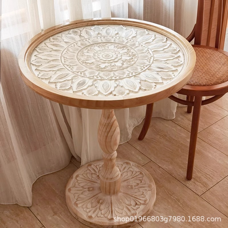 French Retro Old Small Round Table Coffee Table Middle Ancient Corner Table Leisure Internet Celebrity Homestay Balcony Carved American Coffee Table