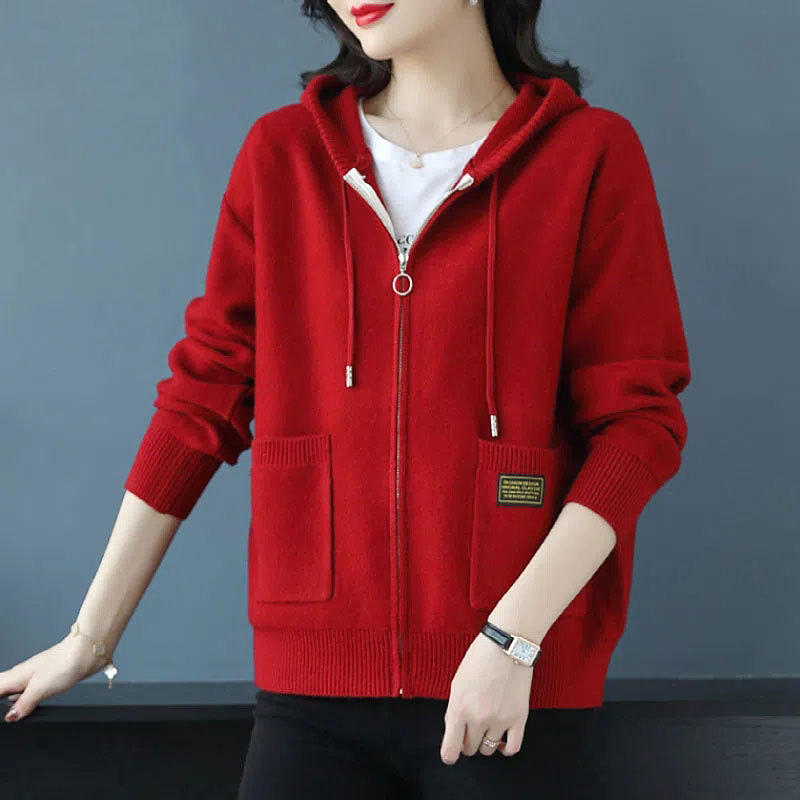 Women's Oversized Zip-Up Cardigan Sweater, High-End Thickened Korean Style Fashionable Hooded Jacket for Autumn and Winter