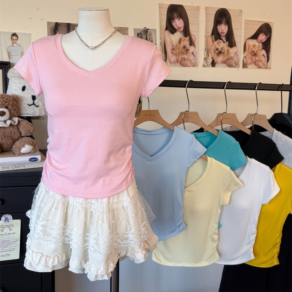 5125 # Чистое желание, V-образный вырез, правое плечо, короткий рукав, футболка для женщин, летний утягивающий дизайн, рюши на талии