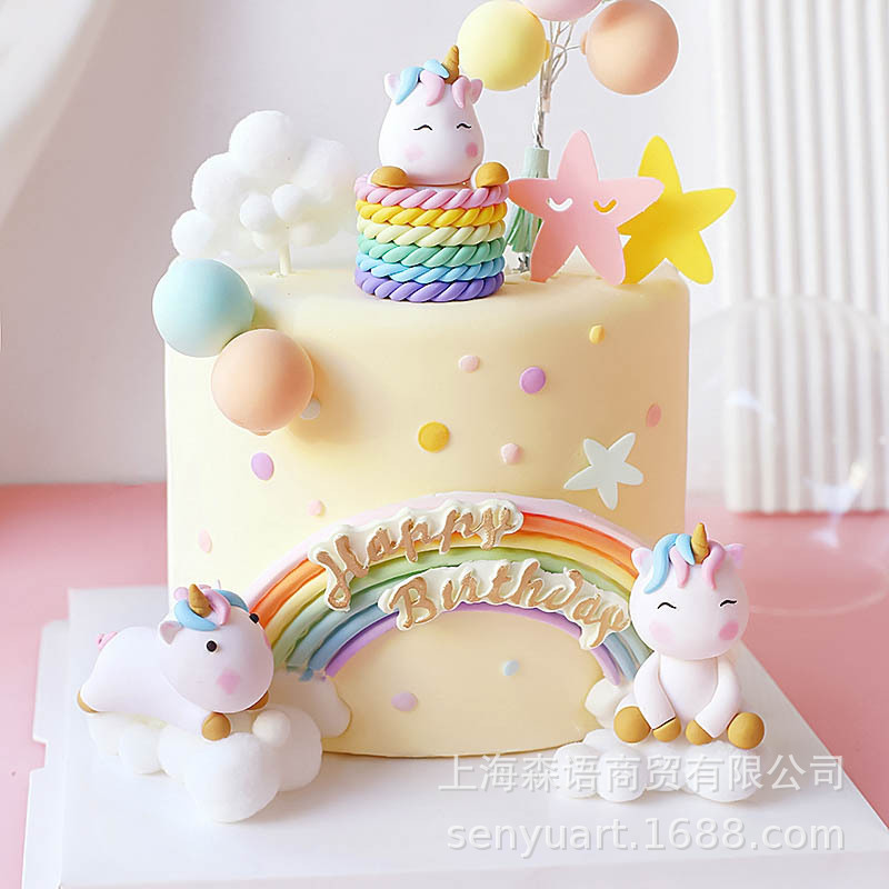 Cake Baking Decoration Cartoon Soft Pottery Unicorn Basket Cloud Balloon Birthday Gift Box Decoration Dessert Table Cloth