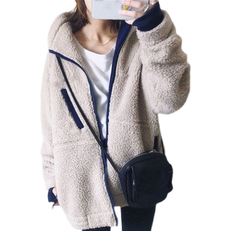 Lambskin Hooded Sweatshirt Japanese and Korean Style 2024 Autumn and Winter New Loose Warm Jacket Solid Color Casual Jacket for Women