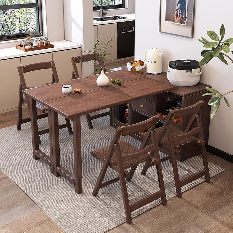 1.2M Solid Wood Folding Dining Table and Chair Integrated Dining Side Cabinet Rubber Wood Multifunctional Tea Cabinet Small Apartment Living Room Wine Cabinet