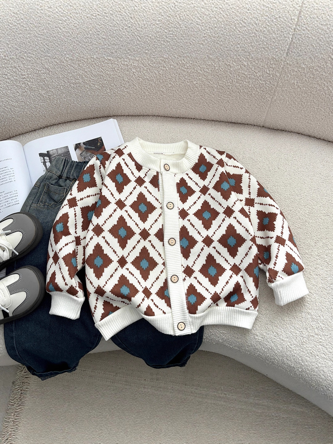 Children's Clothing Children's Cardigan Coat Knitted Baby Autumn and Winter fleece-lined Small Outer Jacket Boys' Round Collar Fashionable Thin All-Match