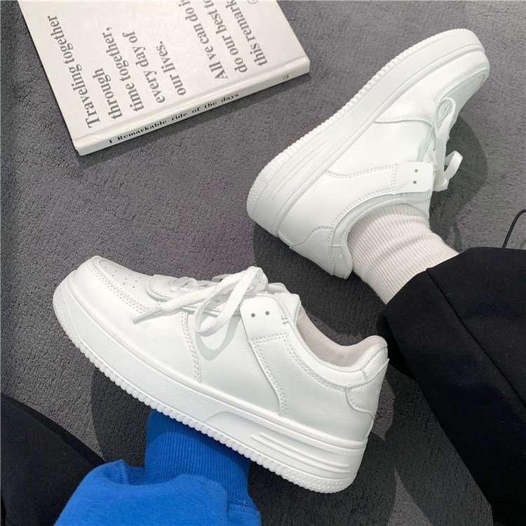 Foreign Trade Wholesale White Shoes 2023 Spring & Fall New Thick-Soled Pure White Round-Toe Sneakers Student Lace-Up Casual Shoes for Women