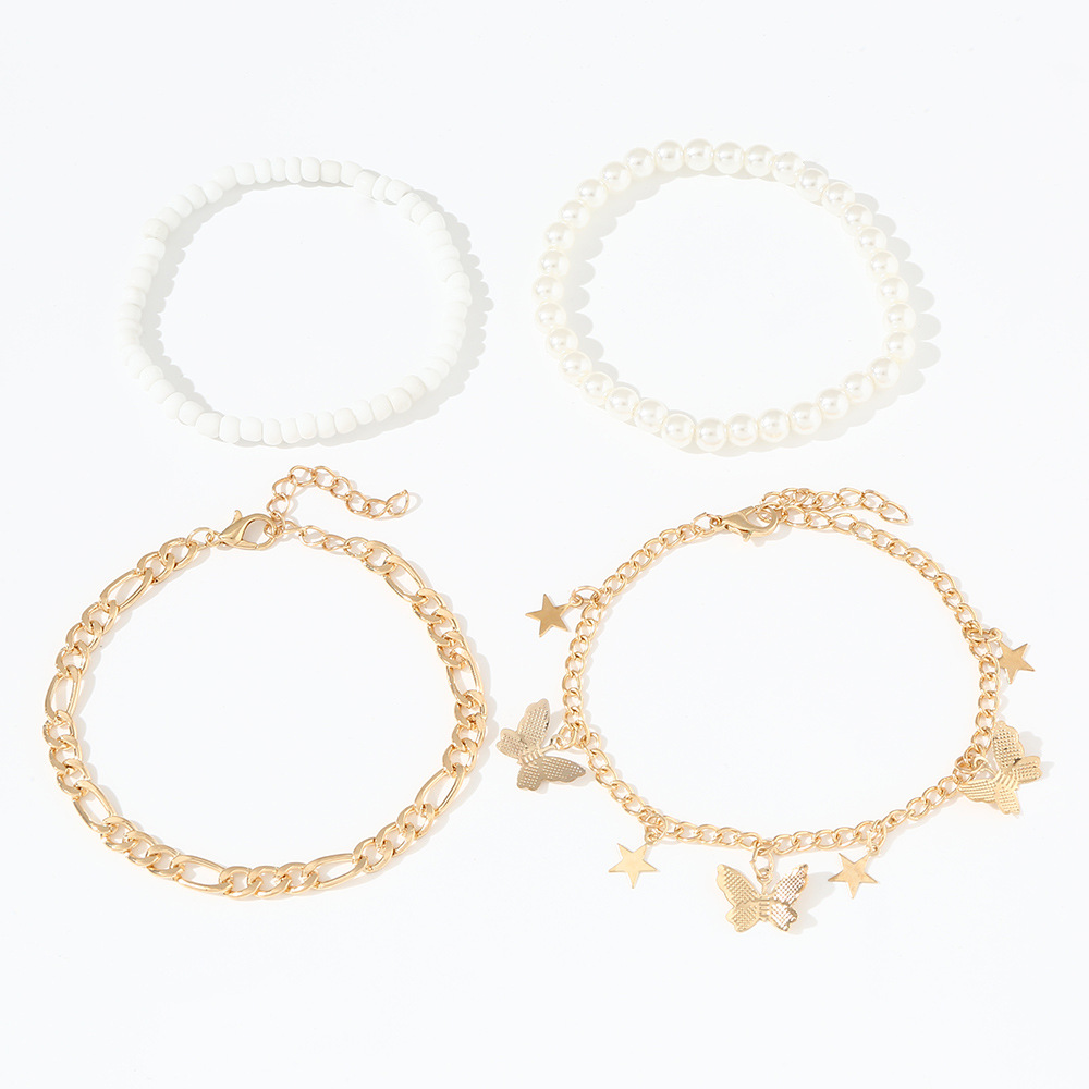 Cross-border Europe and the United States New Star butterfly pendant anklet creative retro simple pearl anklet 4 piece set Wholesale