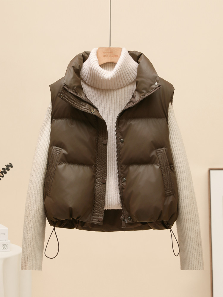 No-Wash Pu Leather down Vest for Women, Short Style, 2025 Autumn and Winter Korean Version, Stand Collar, Petite Fashion Vest Jacket
