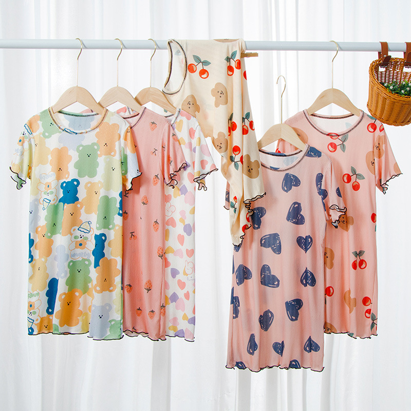 Girls Ice Silk Home Skirt Baby Cartoon Print Mother and Daughter Family Nightgown Kidsren Summer Small Lace Thin Air Conditioner