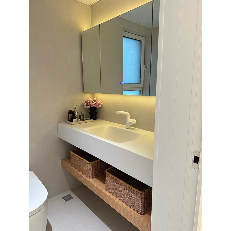 Шкаф для ванной с бесшовной керамической раковиной, японский стиль