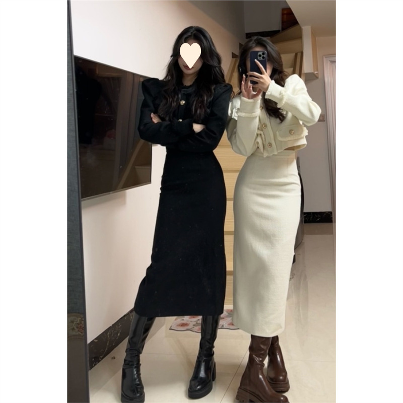 Новый модный костюм для женщин осень-зима, короткий пиджак, стройнящий вид, разрезанная длинная юбка