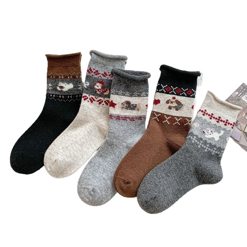 Fair Isle Cartoon Seamless Wool Socks for Women, Autumn and Winter Thickened Warm Flocked Japanese Retro Puppy Slouch Socks for Women