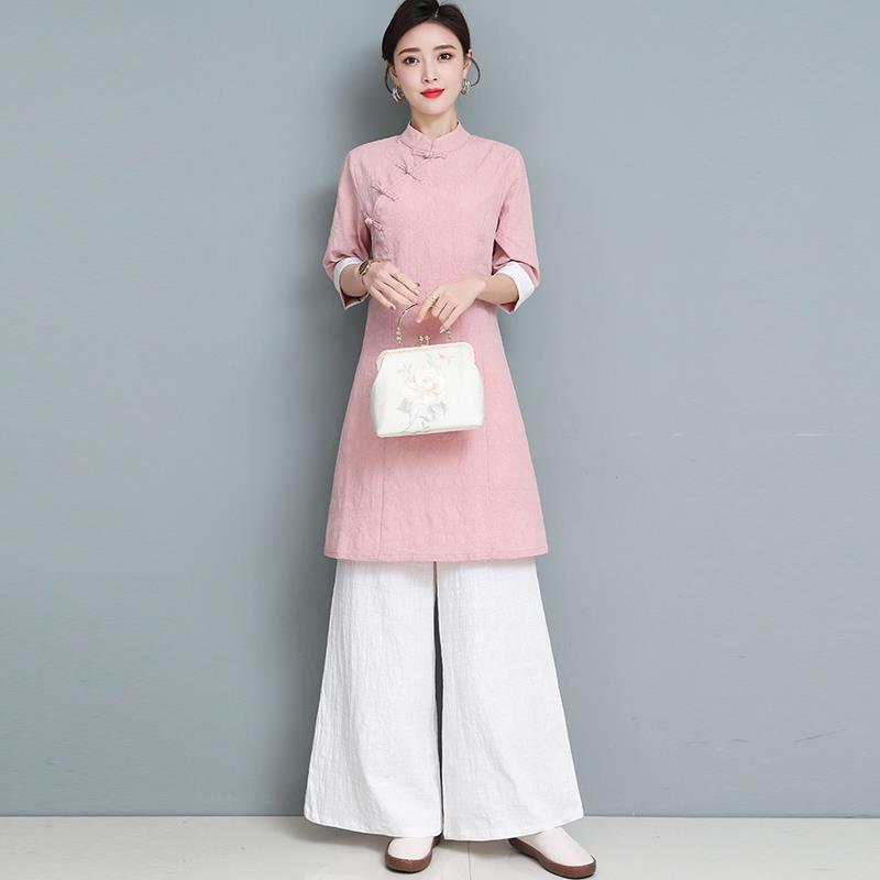 Chinese Style Women's Retro Jacquard Cotton Linen Tea Clothing Spring and Summer Hanfu Improved Cheongsam Top Beauty Salon Work Clothes Women