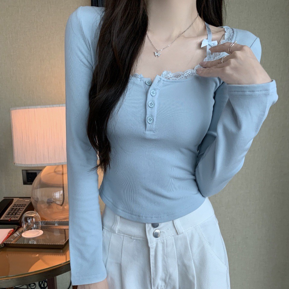 French Style Pure Desire Style Lace-Edge Long-Sleeved T-Shirt Autumn and Winter Sanding Slim-Fit Slimming Spice Girl Inner Sweet Base Top