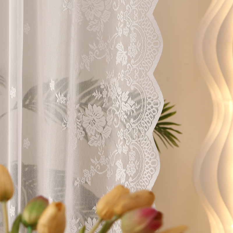 No-Drill Korean-Style Lace Partition Door Curtain for Kitchen and Bedroom, White Sheer Curtain with Rod, Small Floating Curtain, Half Curtain with Magic Tape