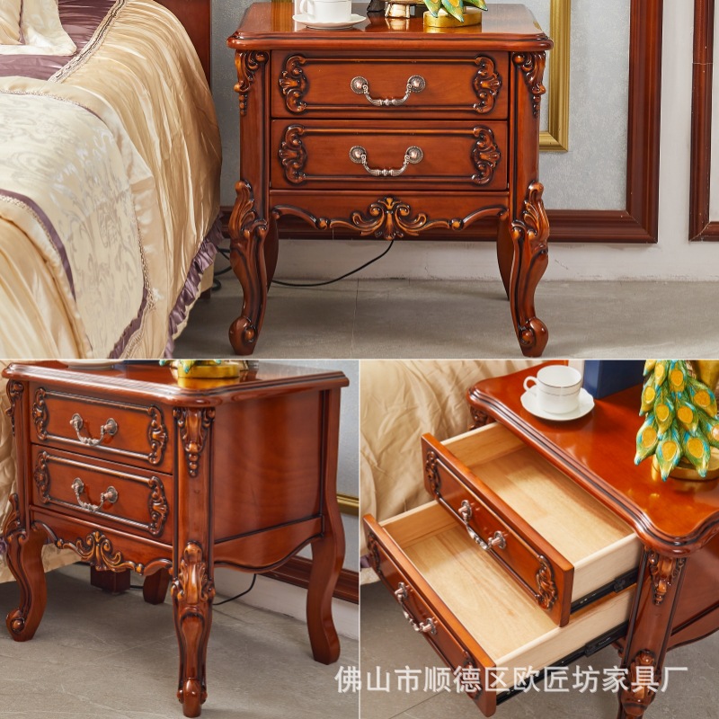 European-style leather double bed solid wood leather bed master bedroom double bed wedding bed French bed four-door wardrobe European-style dressing table