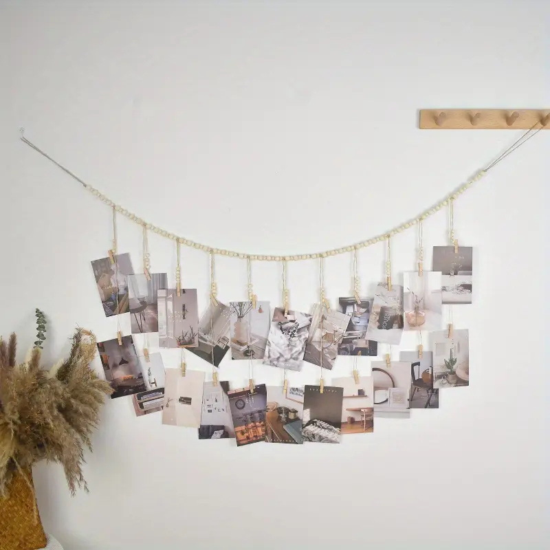 Wooden beads hanging photo display hemp rope original wood beads tassel clip photo frame storage wall decoration