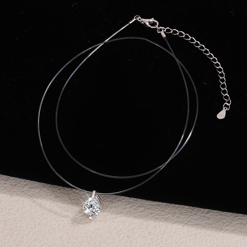 Sun Li's Same Style S925 Sterling Silver Invisible Pear-Shaped Moissanite Necklace Clavicle Chain Mermaid Tears Fish Line Pendant Certificate