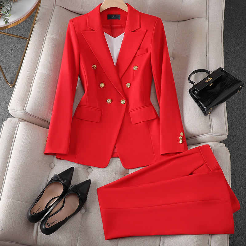 Cross-Border Spring, Autumn and Winter New Style Rose Red Long-Sleeved Small Suit Collar Jacket Women's Pants Short Skirt Three-Piece Suit Elegant