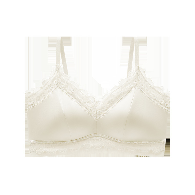 New Entry Light Luxury Satin Lace Bra Eyelash Lace Stitching Soft Support Massage Granular Inner Cup Fashion Women's Underwear