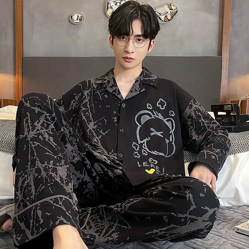 Pajamas Boys Spring and Autumn Long Sleeve Thin Cartoon Fashion Students Fall plus size Lapel Men's Home Clothes suit