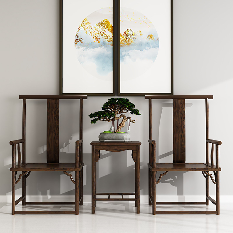 Official Hat Chair, Tea Table Chair, New Chinese Style Dining Chair, Solid Wood Zen Old Elm Armchair, Three-Piece Set, Leisure Tai Shi Chair