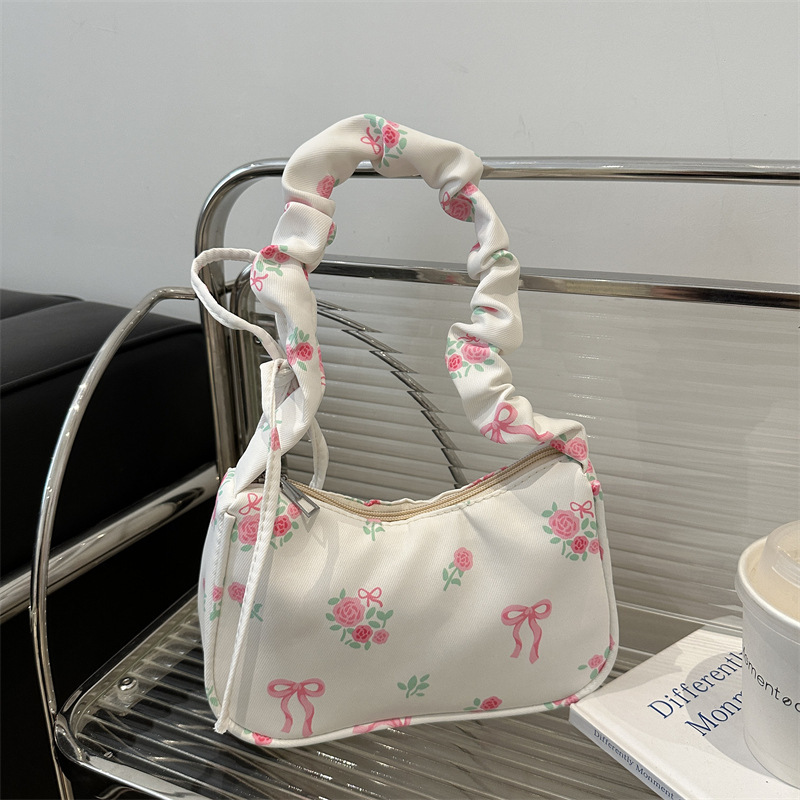 Gentle Sweet Flower Canvas Bag Women's 2025 New Drawstring Shoulder Bag High-value Floral Bow Underarm Bag
