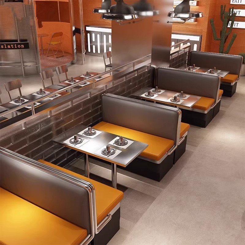 Barbecue Restaurant Hot Pot Restaurant Stainless Steel Card Seat Sofa Industrial Style Western Restaurant Cafe Tea Restaurant Dining Table and Chair Combination