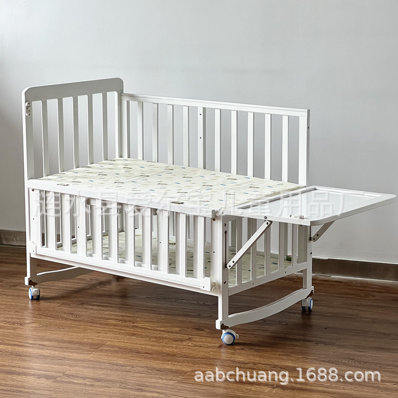 New White Crib Pine Children's Bed Can Be Longed Children's Spliced Bed Sleeping Board with Adjustable Height with Mosquito Net