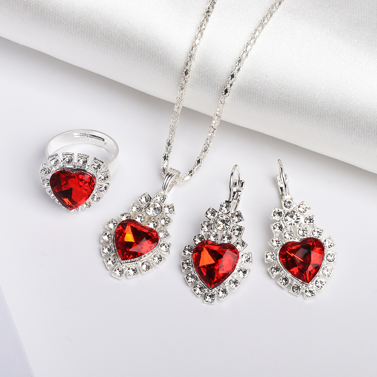 New AliExpress hot sale love silver alloy suit crystal necklace earrings ring wholesale three piece set