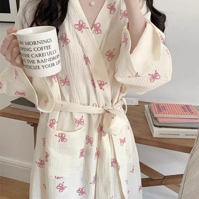 New Spring and Autum Pajamas for Women Korean Style Simple and Comfortable Nightgown Bow Casual Loose Home Wear Nightgown Summer