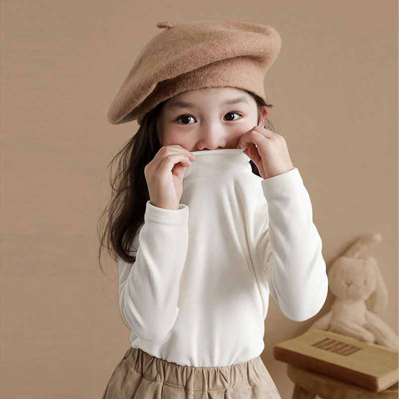 Girls' Base Shirt Spring and Autumn Winter Velvet Semi-high Collar Foreign Style Inner Top Children's Baby Boy's Long-sleeved T-shirt