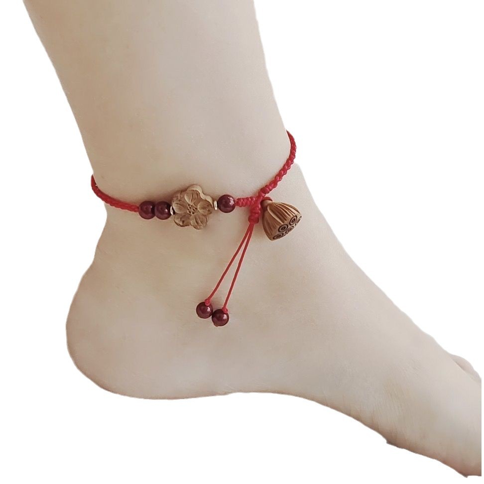 New Internet Popular Antique Ethnic Style Old Peach Wood Red Rope Anklet Women's Wided Rope Simple Lotus Canopy Shore Girlfriend Gift