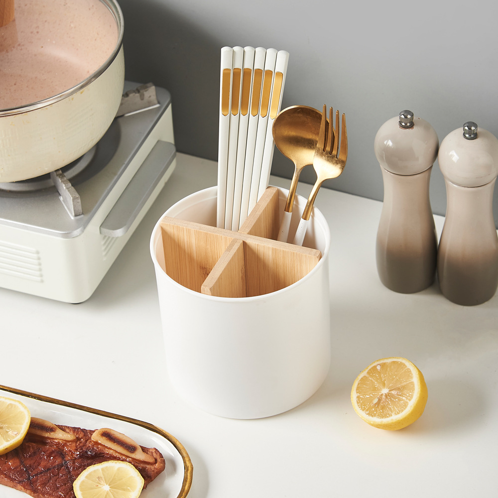 Creative Chopsticks Rack Household Kitchen Spoon Tableware Storage Tube Plastic Chopsticks Cage Storage Rack Bamboo and Wood Compartment Storage Rack
