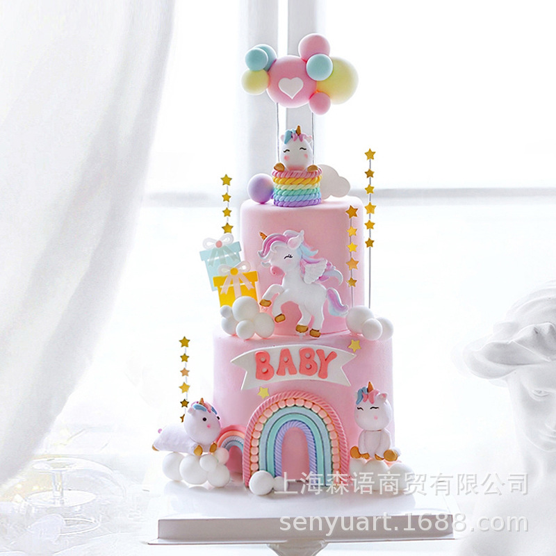 Baking Cake Decoration Girly Heart Rainbow Fantasy Unicorn Clouds Hot Air Balloon Kids Birthday Plug-in