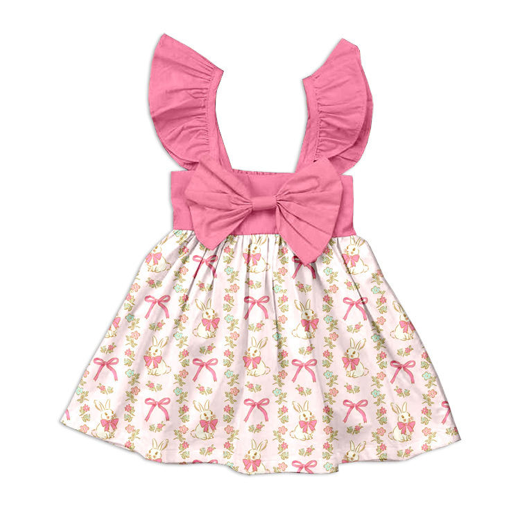Cross-Border Wholesale Customized Summer Girls' Bow-Knot Small Flying Sleeve Printed Dress