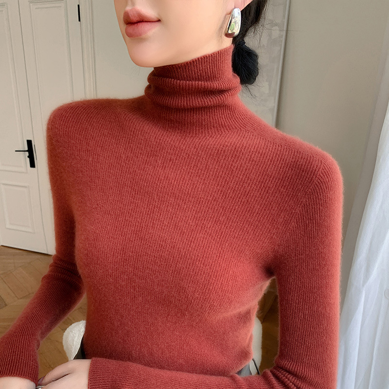 First-Line Garment Seamless 100 Pure Wool Turtleneck Base Shirt Women's Autumn and Winter Slim-Fit Piled Collar Knitted Slim Sweater