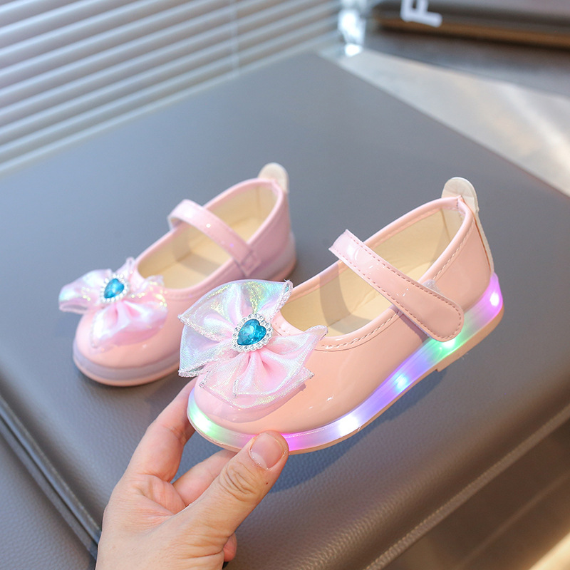2025 Spring New Girls Princess Shoes Bow Rhinestone Lighting Shoes Princess Leather Shoes Girls Shoes