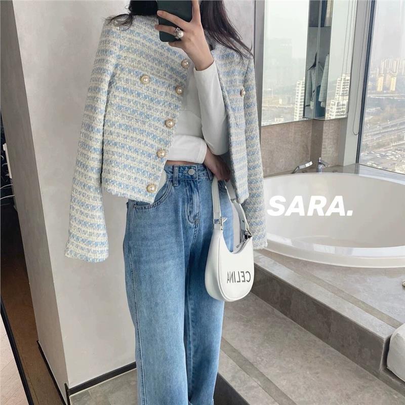 Tweed Style Woven Jacket for Women Spring and Autum 2025 New Elegant Loose Pearl Button Cardigan Fashionable Short Top