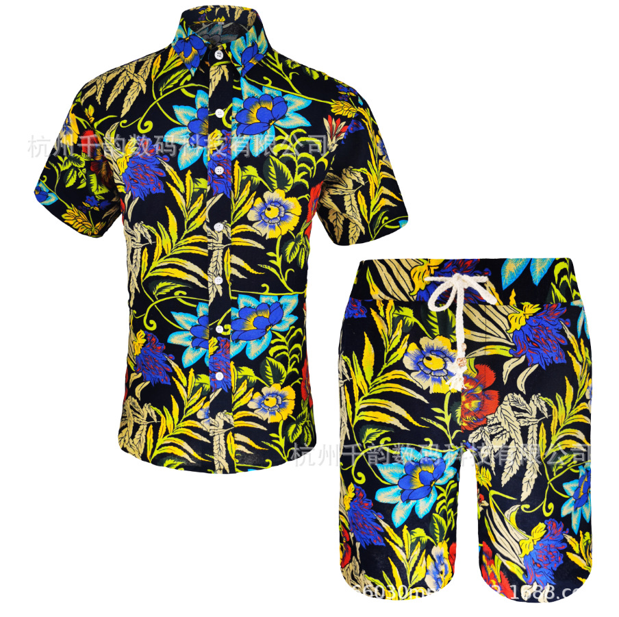 2025 New Foreign Trade Fashion Trendy Men's Loose Ethnic Style Short-Sleeved Shirt and Shorts Set One-Piece Wholesale