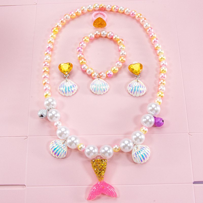 Children's Jewelry Pearl Necklace Bracelet Ring Shell Fishtail Mermaid Pendant Jewelry suit