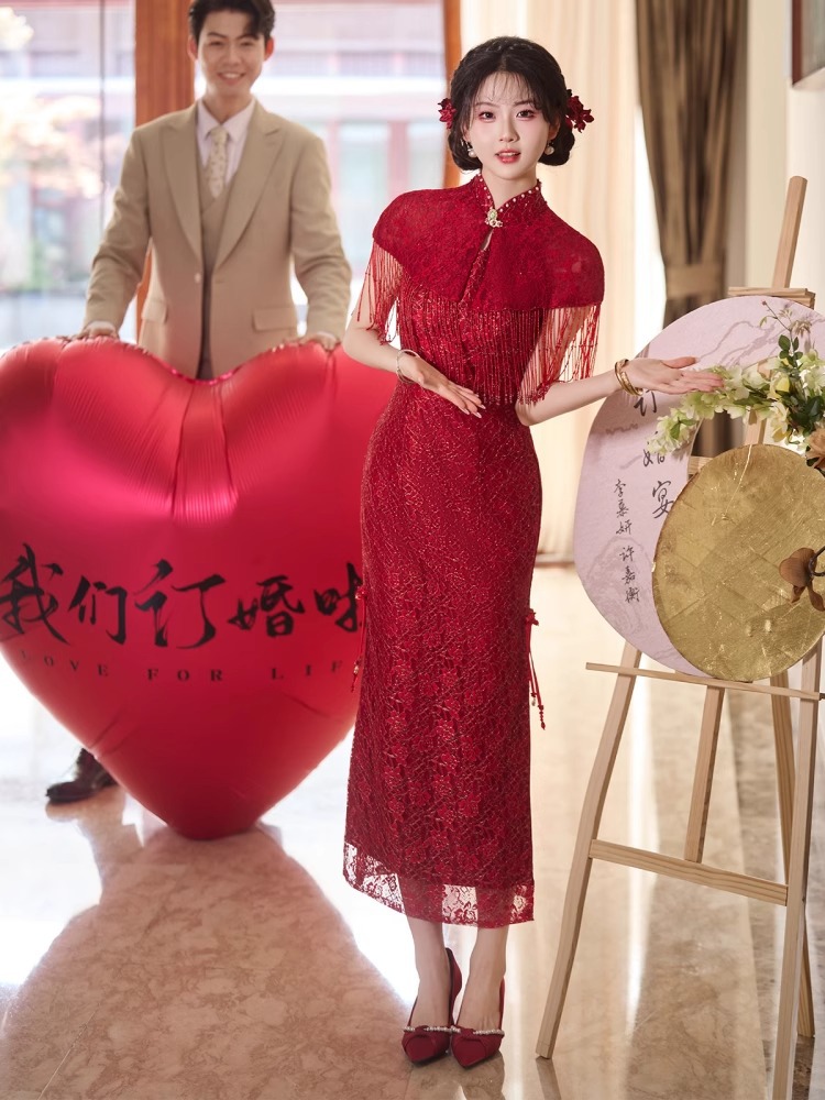 Burgundy High-End Engagement Cheongsam Dress New Chinese Style Toast Dress Bride Home Thanksgiving Banquet Casual Wear