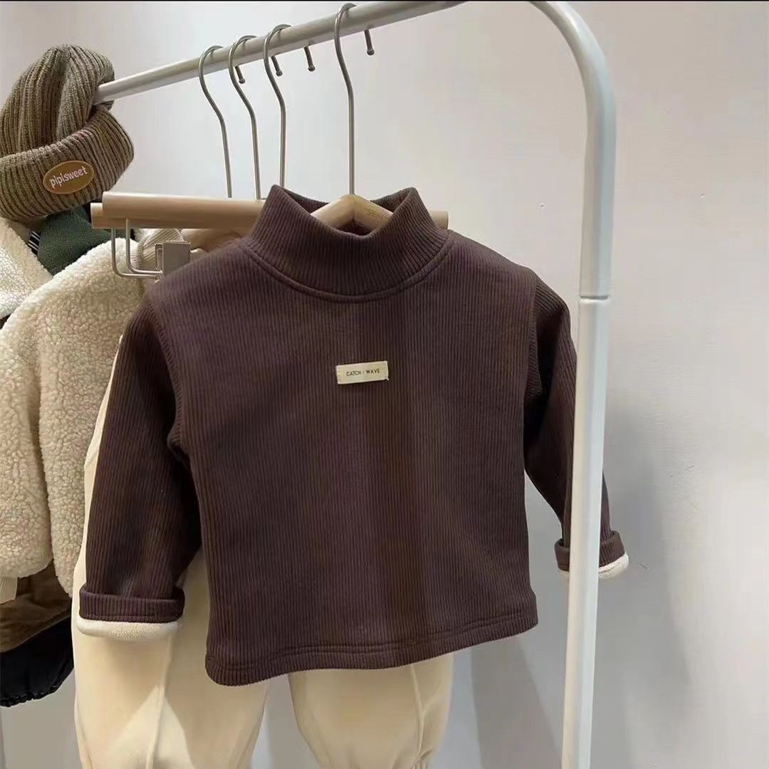 Children's Bottoming Shirt with Velvet Half Turtleneck Autumn and Winter New Korean Style All-In-One Velvet Top for Boys and Girls Factory Wholesale