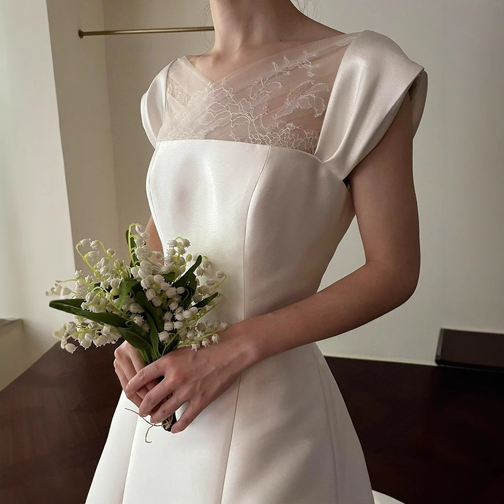 Классическое белое свадебное платье в корейском стиле, простое, с маленьким хвостом, для дня рождения