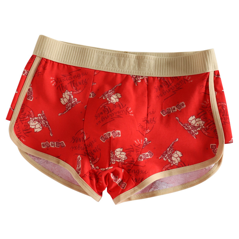 Wholesale 2025 new cotton this year domineering full print men's underwear breathable red festive four-corner short pants tide
