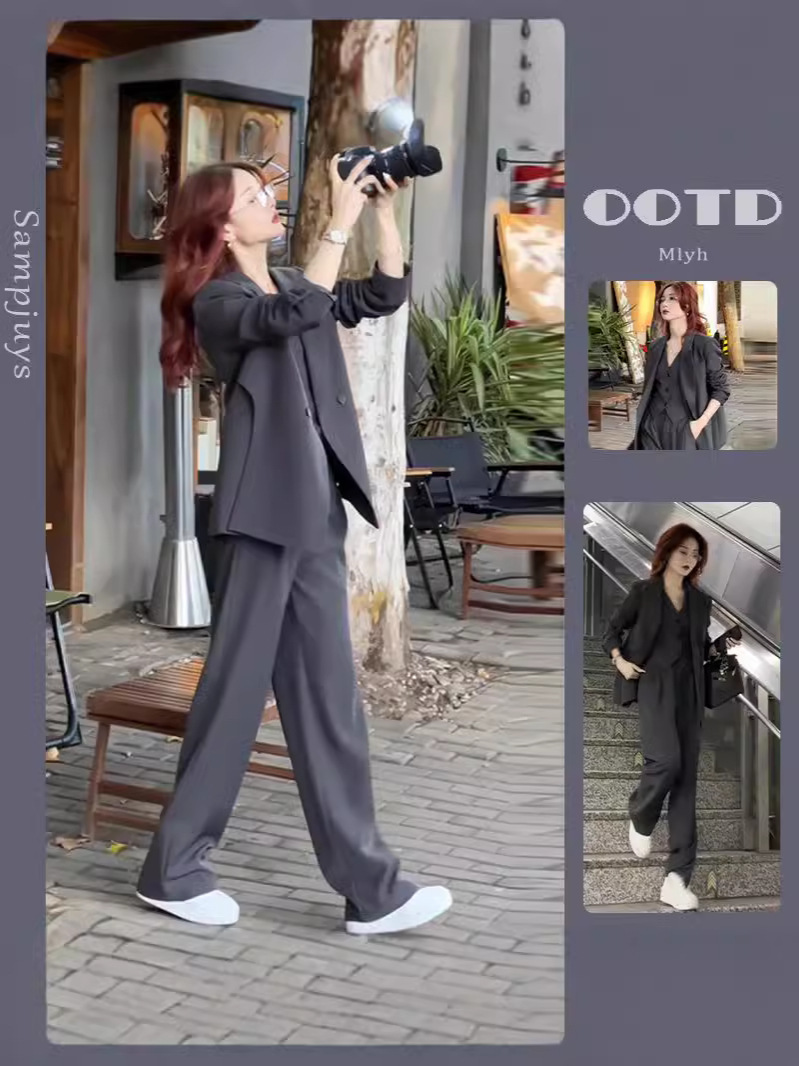 [in stock] plus size women's spring and autumn new slightly fat mm suit suit narrow wide leg pants two-piece 239