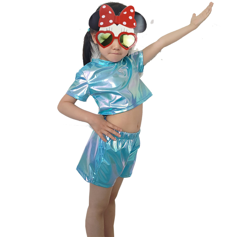 Campus Class Clothing Performance Clothing Choir Children's Adult Performance Clothing Colorful Laser Short-sleeved Navel Top Round Neck