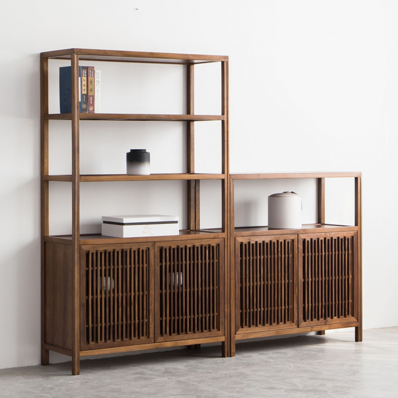New Chinese Style Solid Wood Bogu Shelf Bookcase Study Low Cabinet Display Cabinet Tea Rack Black Walnut Storage Rack Zen Furniture